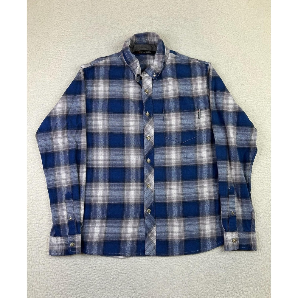 Killik Shirt Mens Large Blue Gray Plaid Button Down Flannel Western Outdoor